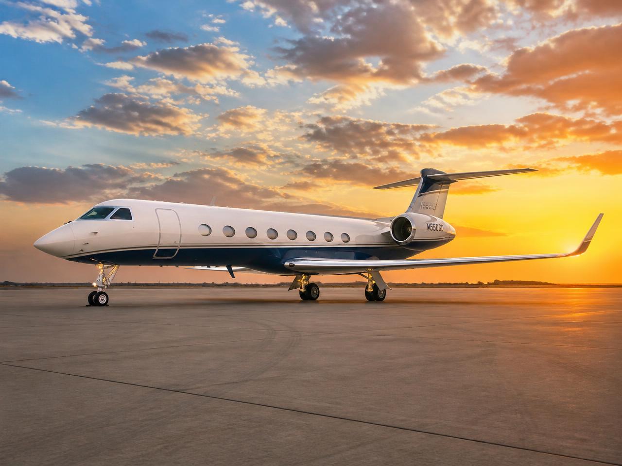 Gulfstream G550 ultra long-range business jet at sunset